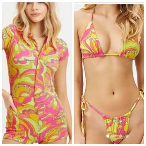 Frankie's Bikinis 3 Pc SET Peace 60s Bohemian Rainbow Print: Bikini Romper S Xs